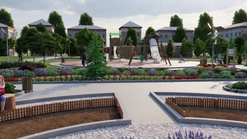 Çocuklar ve aileler için güvenli oyun parkı ve yeşil bahçe düzenlemesi.
